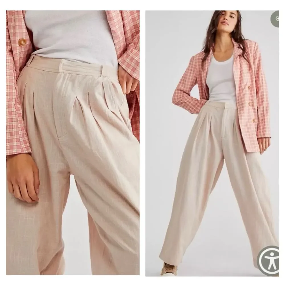 Free People Lotta Love Linen Trousers Size 10 Cream Cotton Oversized Lagenlook